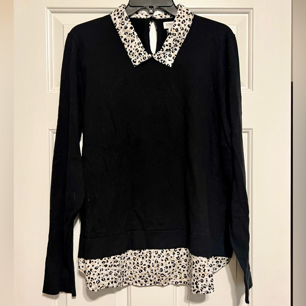 J. Crew Factory Black Leopard Print Collar Sweater Size XL NWT